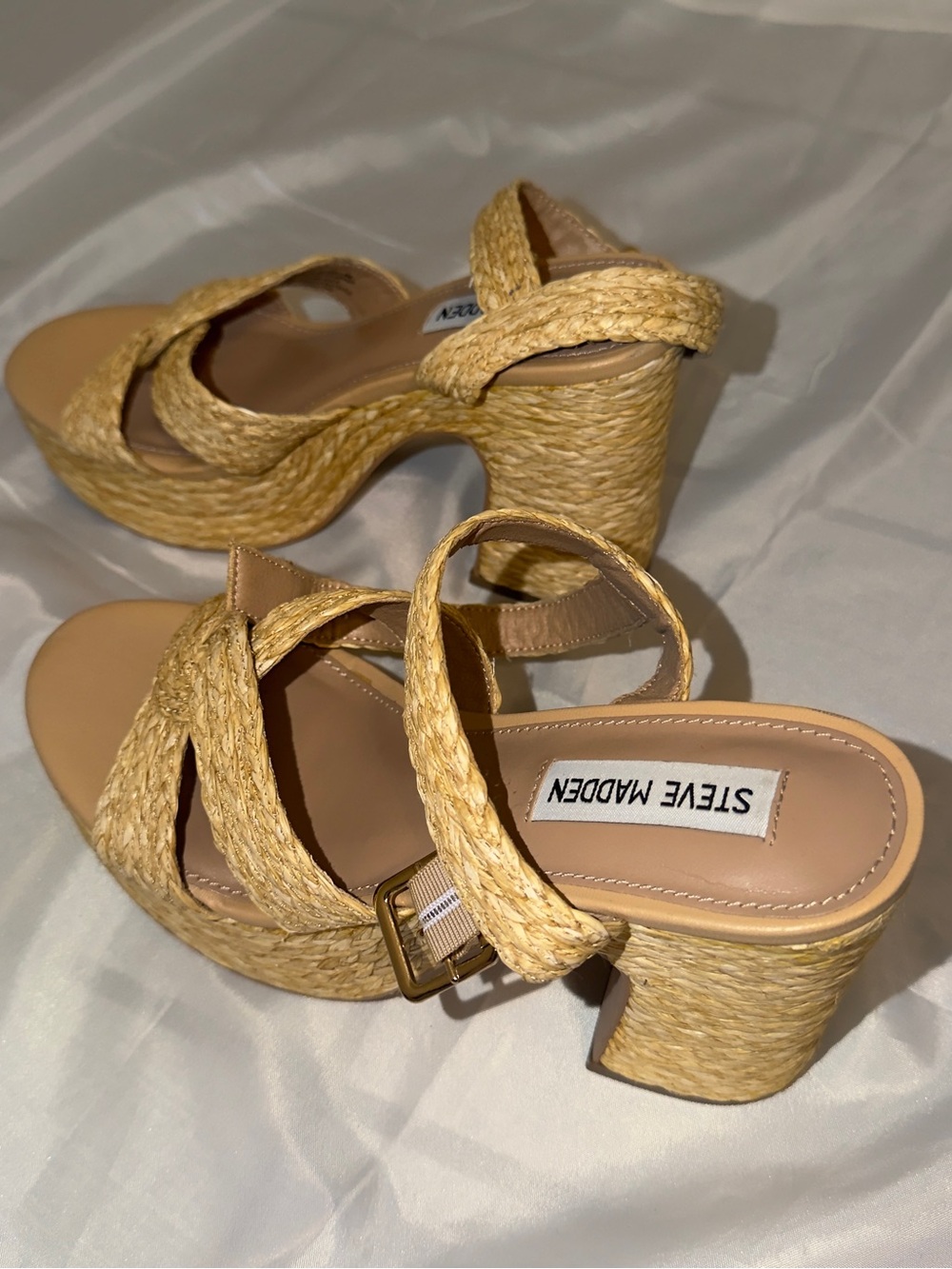 Steve Madden Woven Straw Platform Sandals in Natural Tan